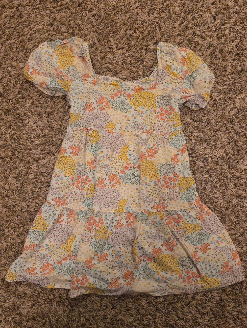 SO White Floral Puff Sleeve Dress with Yellow & Pink, Size 8